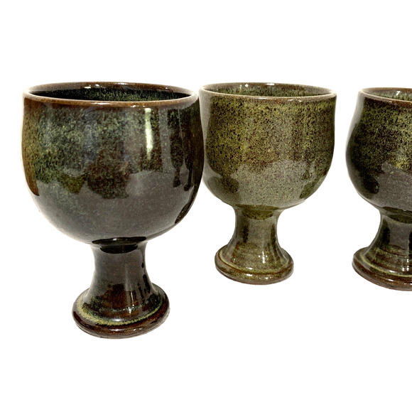 Vintage Jugtown Pottery Glazed Goblets Wine Glasses Green Brown Artisan Handmade - Picture 2 of 12